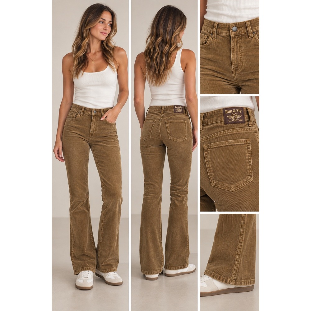 Run & Fly Brown Corduroy Flare Pants Retro Bell Bottom Stretch Trousers 30R
